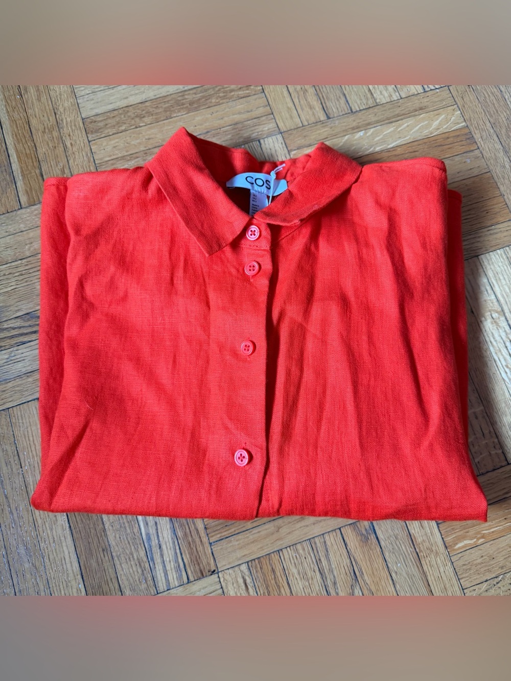 COS Orange/Red Linen Short Sleeve Button-Up Shirt